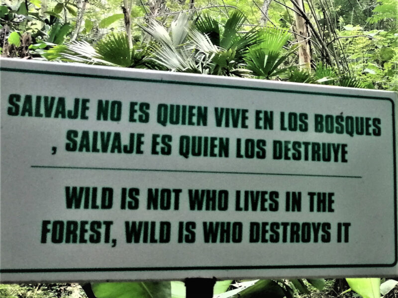 Survival Spanish in seven days. A sign in Spanish and English in the lushly forested foothills of the Sierra Nevada de Santa Marta mountains in Minca, Magdalena, Colombia.