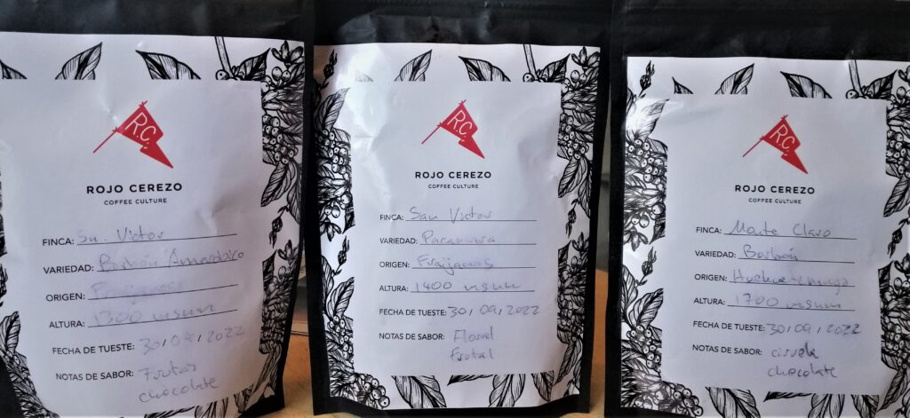 Labeled bags of freshly roasted coffee beans from Rojo Cerezo.  From the post: Guatemala City: A Terrific Travel Destination.