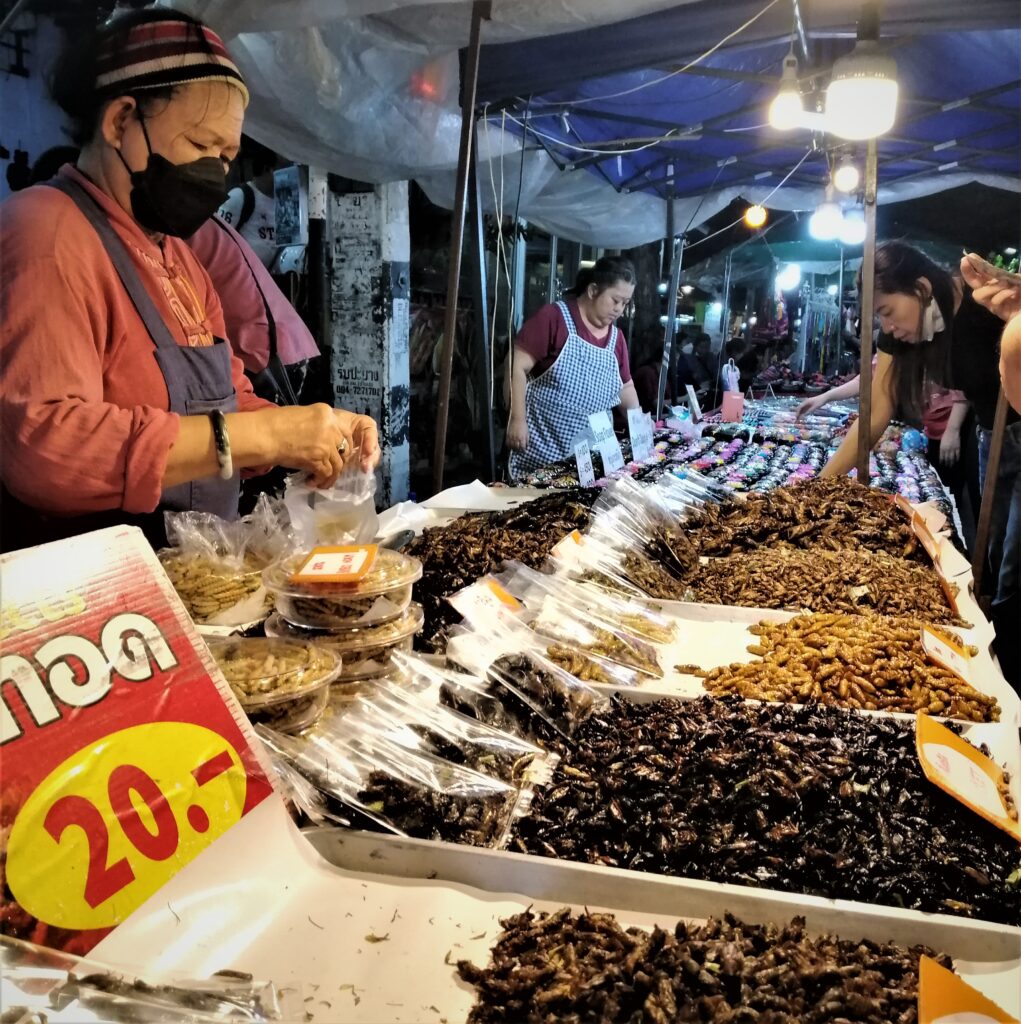 Hawkers, customers and insects for consumption on display.  From Post: Thai Sounds With Food Words: Memory Enhancement Through Imagination