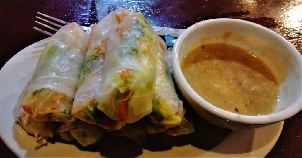 Tasty vegan roll with traditional dipping sauce. From the post: Luang Namtha: Why I Spent a Week in a Virtual Ghost Town.