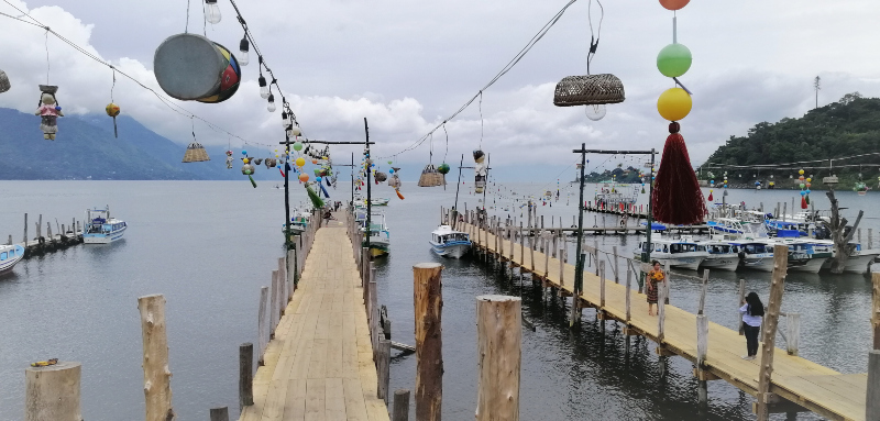 The decorated docks of San Juan La Laguna on Lago Atitlán in Guatemala.