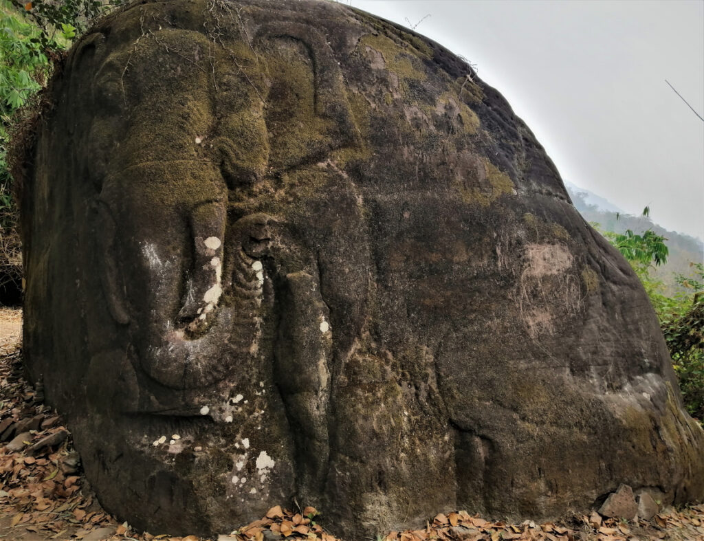 Ancient Hindu-style elephant carved rock art at the top of the Vat Phu site in Champasak, southern Laos.  In Post: Khmer Hindu Time Travel at the Ruins of Vat Phu.