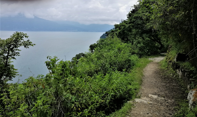 A beautiful mountain-lake trail in Santa Cruz on Lago Atitlán, Guatemala