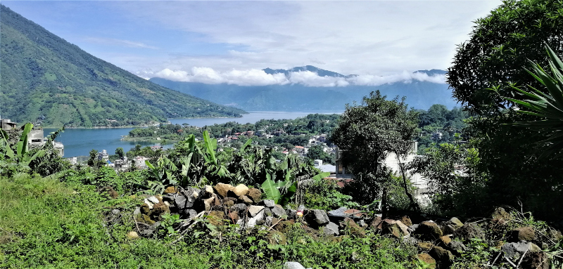 A picturesque diverse earth view above Lago Atitlan from Santiago de Atitlan in the Guatemalan highlands.
