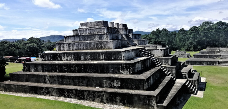 A restored pyramid style ruin on the grounds of Zaculeu in the southern Guatemalan highlands.