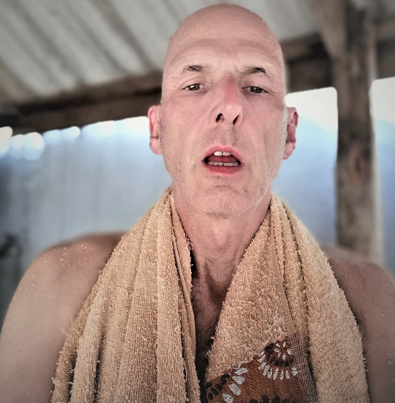 A selfie between very hot sweating sessions in a Lao rustic sauna in Savannakhet, southern Laos.