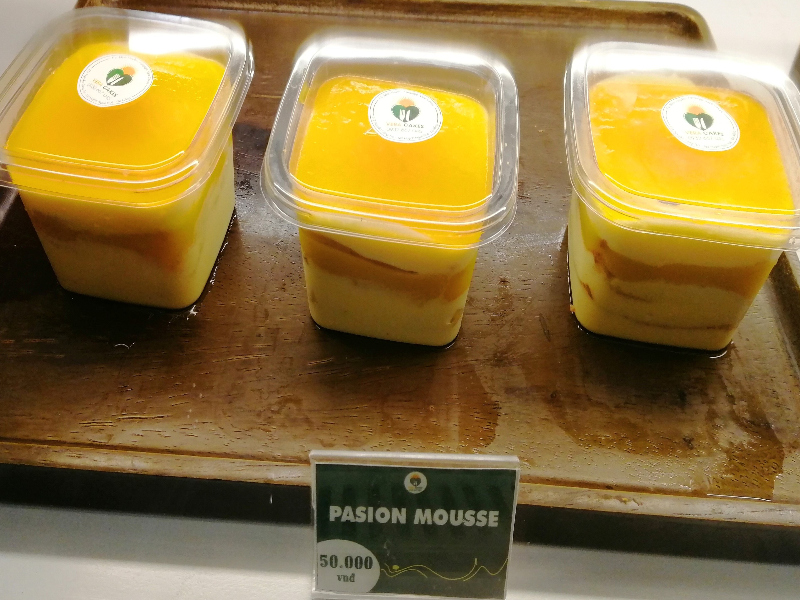 Passion fruit mousse on display.