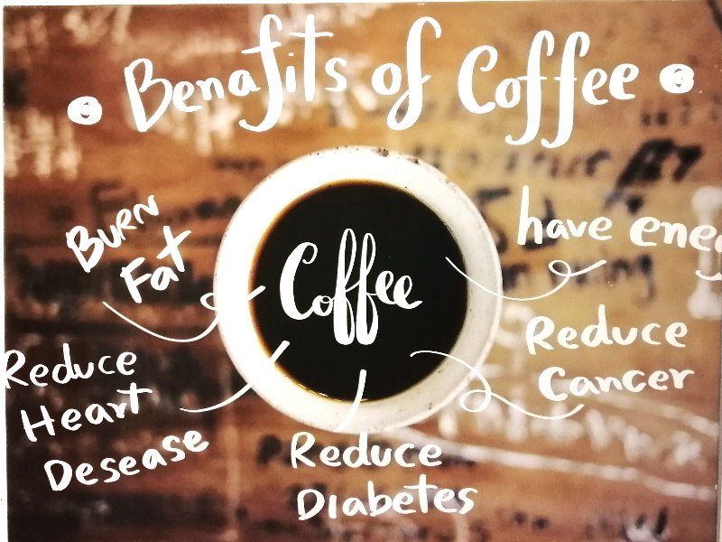 Sign: Benefits of Coffee: burn fat, reduce hearth disease, reduce diabetes, reduce cancer, have energy.  Inside Moonrise Coffee, Siem Reap, Cambodia.