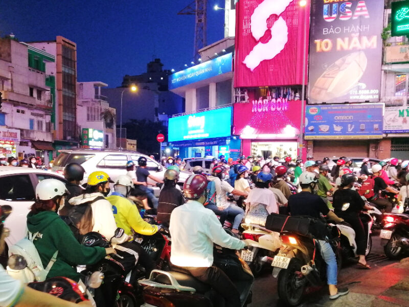 Many scooters during rush hour in Ho Chi Minh City, Vietnam.