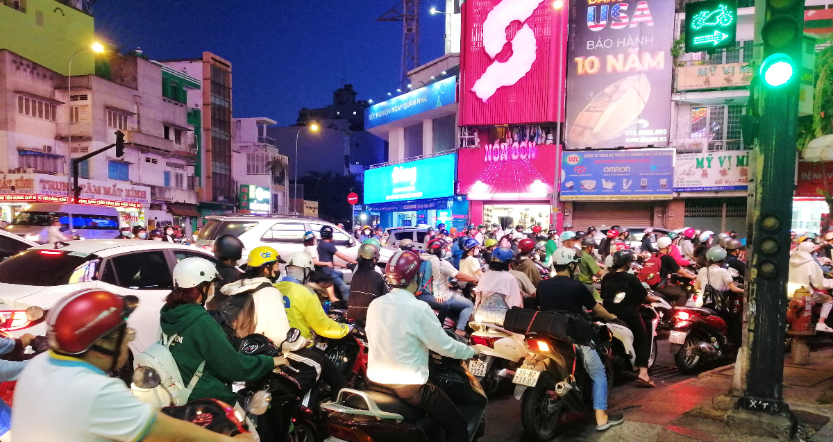 Many scooters during rush hour in Ho Chi Minh City, Vietnam.